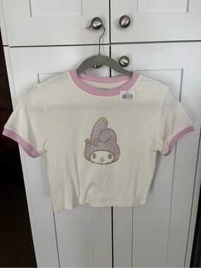 Sanrio Cream Tee with Pink Trim and Sparkle Graphic
